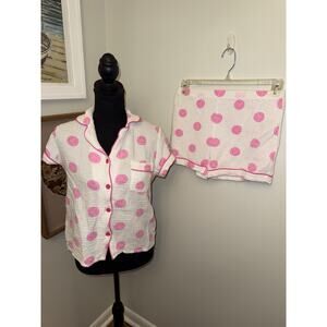 Sassy Shortcake Small Pajama Shirt Short Set White Pink Smiley Face Short Sleeve